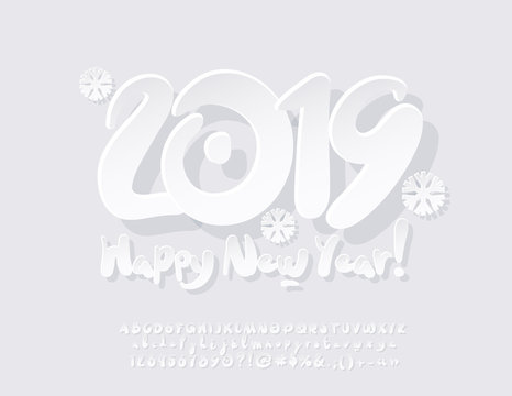 Vector Snow White Modern Greeting Card Happy New Year 2019. Artistic set of contemporary Alphabet letters, Symbols and Numbers. Creative kids Font.