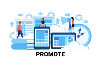 Poster - business people successful teamwork strategy promote concept flat horizontal vector illustration