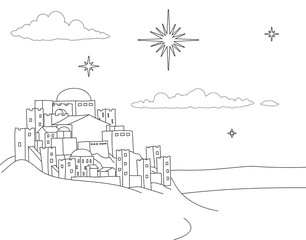 Wall Mural - A Christmas nativity coloring scene cartoon, with the City of Bethlehem and the star above. Christian religious illustration.