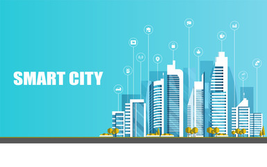 Urban landscape with infographic elements. Smart city. Modern city. Concept website template. Vector illustration.