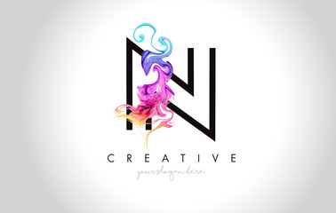 N Vibrant Creative Leter Logo Design with Colorful Smoke Ink Flowing Vector.