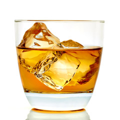 Title: Whiskey or whisky in rocks glass from side view isolated on white background including clipping path