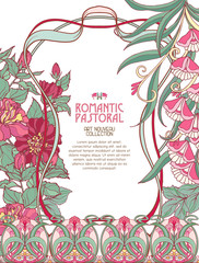 Poster, background with space for text and decorative flowers in art nouveau style