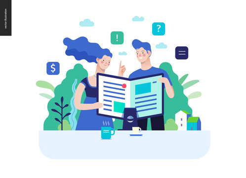 Business series, color 3 - articles - modern flat vector illustration concept of man and woman reading article on the folded computer screen like a magazine. Creative landing page design template