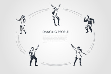 Dancing people - men and women in different dancing poses vector concept set