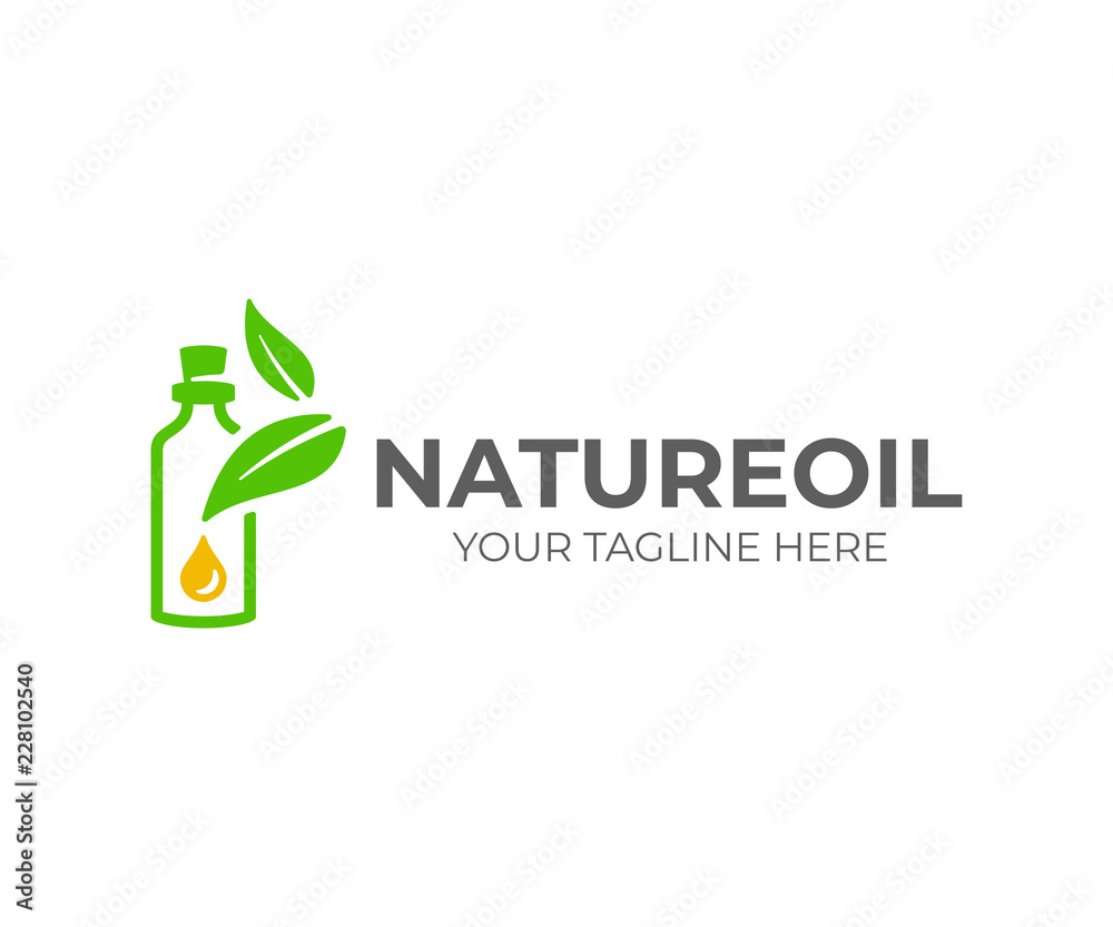 Essential oil logo design. Natural oil with fresh herbs vector design. Essential oil bottle with leaves logotype