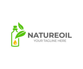 Essential oil logo design. Natural oil with fresh herbs vector design. Essential oil bottle with leaves logotype