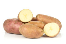 Group Of Lot Of Whole Two Halves Of Fresh Red Potato Francelina Variety Isolated On White Background