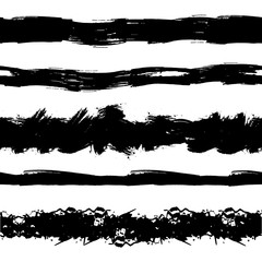 Wall Mural - Vector Set of Seamless Painr Drawn Stipes, Brush Strokes, Black Ink Splatters.