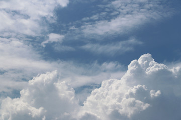 clear blue sky with cumulus and cirrus clouds. sunny weather. joyful mood. high pressure. clean air 