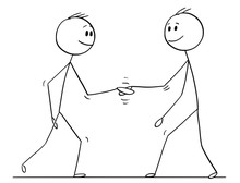 Cartoon Stick Drawing Conceptual Illustration Of Two Men Or Businessmen Shaking Hands Or Doing Handshake. Business Concept Of Cooperation Or Agreement.