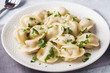 © Elenglush - Traditional pelmeni, ravioli, dumplings filled with meat on plate, russian kitchen