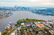 Downtown Seattle view from above Gasworks Park- Aerial