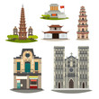 Vietnam vector building collection. Detailed pagoda, house, mausoleum cartoon illustration. Historical place cityscape isolated on white background. Architecture in the town, flat cartoon style