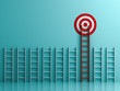 Long red ladder to goal target the business concept on blue pastel color background with shadows  3D rendering