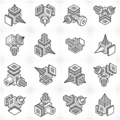 Abstract three dimensional shapes set, vector designs.