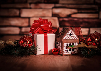 gingerbread house,Christmas balls and Christmas gifts. photo with copy space