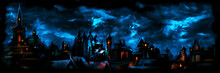 Medieval Night Town Banner/ Illustration A Fantasy Town Night Scape With Lights, Sky With Clouds On The Background 