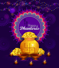 Wall Mural - Happy Dhanteras Diwali light festival of India greeting background