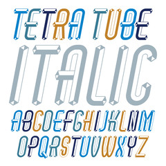 Poster - Vector trendy modern capital,  uppercase alphabet letters collection. Unlike italic condensed type font,  script from a to z can be used for logo creation. Created using dimensional packaging pipe.