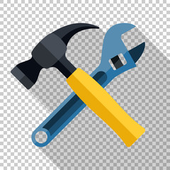 Wall Mural - Hammer and wrench icon with long shadow on white background