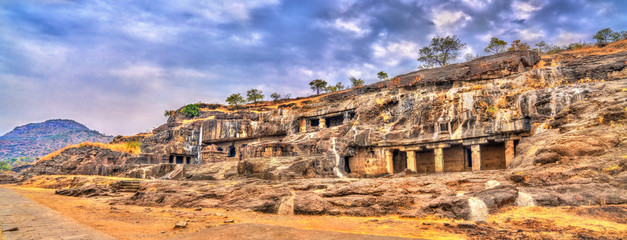 Fototapete - Panorama of Ellora caves 20-24. UNESCO world heritage site in Maharashtra, India