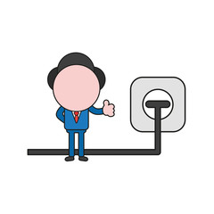 Poster - Vector illustration of businessman character giving thumbs-up with plug plugged into outlet. Color and black outlines.