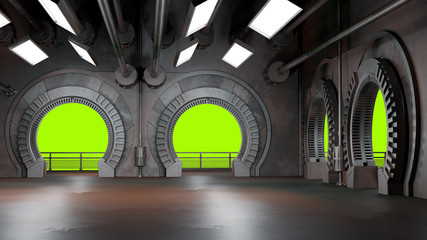 Wall Mural - Spaceship futuristic interior with window view.3D rendering