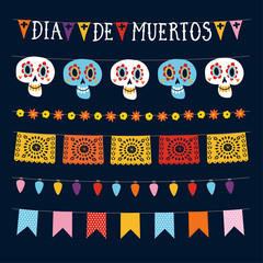 Wall Mural - set of dia de los muertos, mexican day of the dead garlands with lights, bunting flags, papel picado