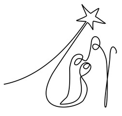 Nativity scene with Holy Family one line drawing