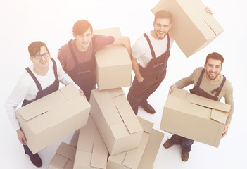 Delivery men with cardboard boxes on white background.