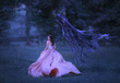 © kharchenkoirina - Beautiful girl in a long, pink, fluttering dress runs away from death in the form of a dark demon who came out of hell. Frightened brunette girl looks around. Artistic, gothic photo in cold colors