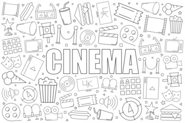 Wall Mural - Cinema background from line icon. Linear vector pattern. Vector illustration