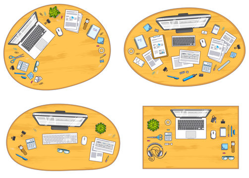 Work desks workspaces top view with PC or laptops and a lot of different stationery objects and analytics documents on tables, look above. All elements are easy to use separately. Vector set.