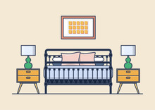 Bedroom Interior With Bed And Nightstand, Lamp