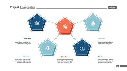 Five pentagons process chart slide template. Business data. Workflow, infochart, design. Creative concept for infographic, presentation, report. For topics like management, training, teamwork.