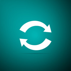 Poster - Refresh icon isolated on green background. Reload symbol. Rotation arrows in a circle sign. Flat design. Vector Illustration