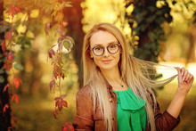 Blonde Girl Portrait. Autumn. Natural Face Makeup Wearing Stylish Fashion Optical Eye Glasses. Mockup For Optical Eye Glasses