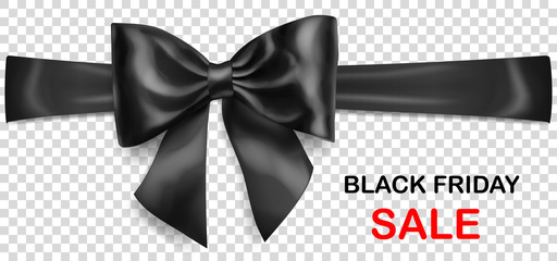 Black bow with horizontal ribbon with shadow and inscription Black Friday Sale on transparent background