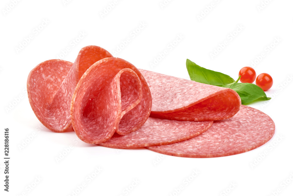 Italian smoked salami sausage slices with basil leaves. Isolated on white background. Close-up - obrazy, fototapety, plakaty 