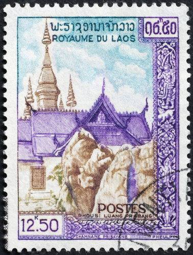 Fotografia Temples on postage stamp of Laos