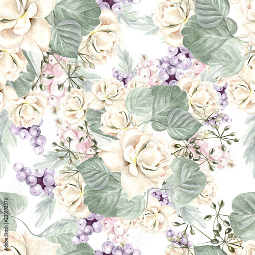 Colorful watercolor pattern with flowers hydrangea, rose, succulents and leaves.