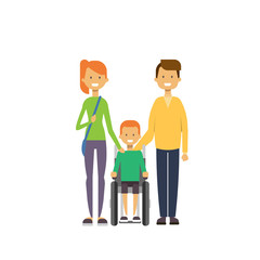 Wall Mural - father mother son wheelchair full length avatar on white background, successful family concept, flat cartoon vector illustration