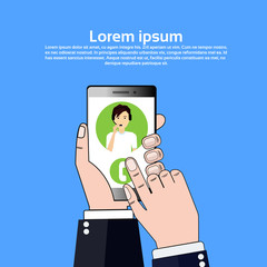 Poster - phone application hand hold gudget call center headset agent man bubble client support online operat