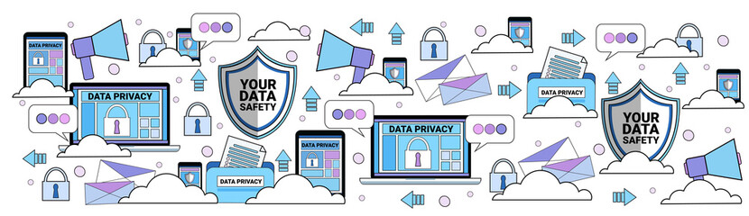 Poster - data safety cloud shield tablet padlock over synchronization General Data Protection Regulation GDPR server security guard on white background flat banner vector illustration