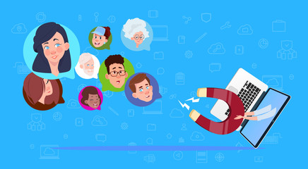 Poster - laptop magnet mix race chat bubbles, support virtual assistance of website or mobile applications, p