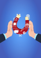 Poster - hand hold magnet communication icon pulling. chat support processing concept over blue background fl