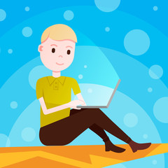Poster - boy sitting at computer hacker activity concept on yellow background viruses data privacy attack internet information security flat vector illustration