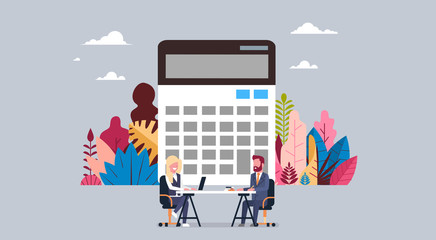Poster - business man and woman calculator working together interview sit at office desk , business people br