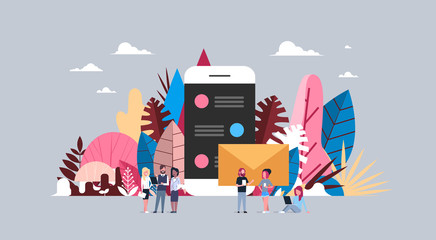 Poster - chat app concept over smartphone application message background mix race people group stay together 